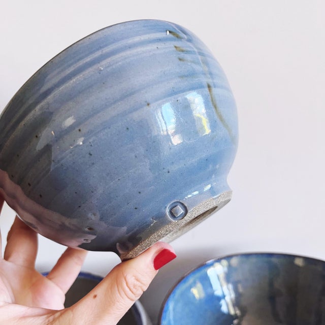 Vintage Set of 3 Blue Glazed Stoneware Pottery Bowls For Sale - Image 4 of 6