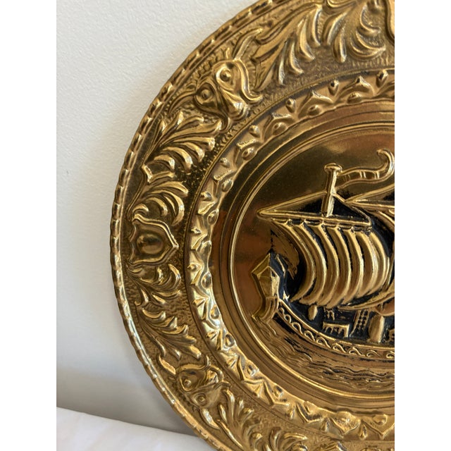 Pair of Vintage English Embossed Brass Ship Plates For Sale - Image 4 of 13