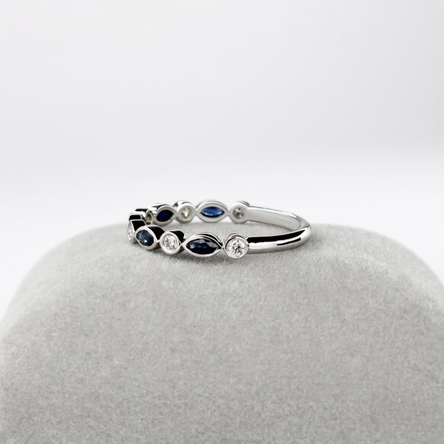 Ceylon Sapphire & Natural Diamond Halfway Band in 14k White Gold | Bezel Setting, Size 6.75 For Sale - Image 4 of 5