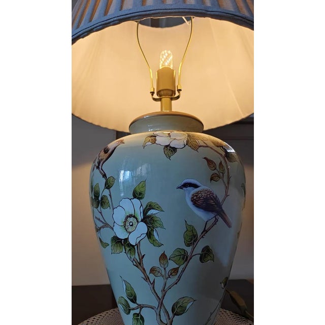 Bird-and-Flower Painted Porcelain Gilded Table Lamp For Sale - Image 4 of 7
