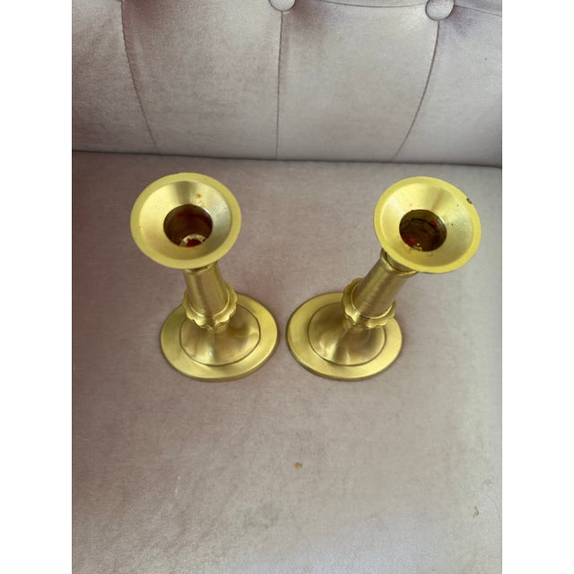 Metal Pair of Vintage Solid Brass Candlesticks Holders For Sale - Image 7 of 8