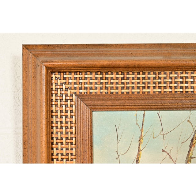 Wood Original Artist Signed Oil Painting on Canvas Rural Landscape of "Covered Bridge" in Carved Walnut and Woven Rattan Frame For Sale - Image 7 of 14