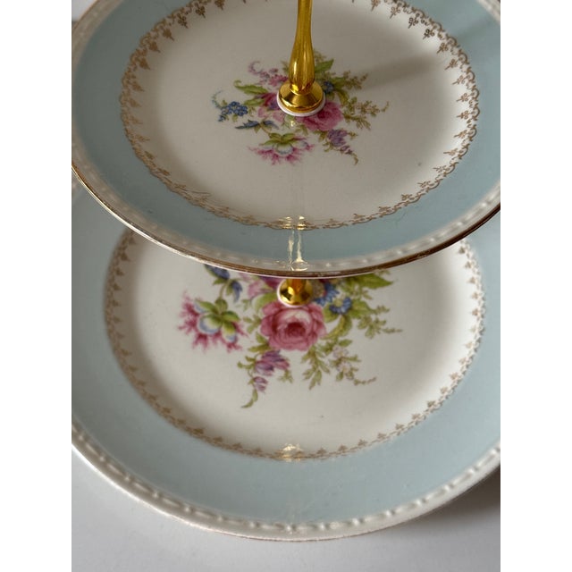 Traditional Vintage Three Tier Porcelain Dessert Stand With Gold Handle For Sale - Image 3 of 3