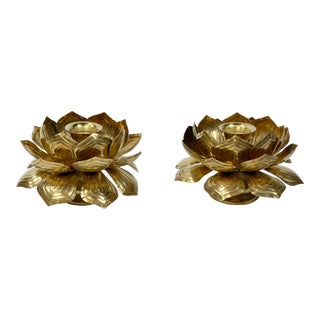 Vintage Layered Brass Lotus Candleholders, a Pair For Sale