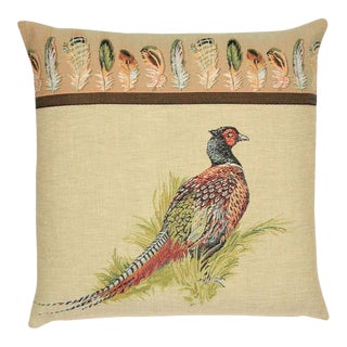 Pheasant & Feathers Tapestry Cushion With Feather Filler - 46x46cm (18"x18") For Sale