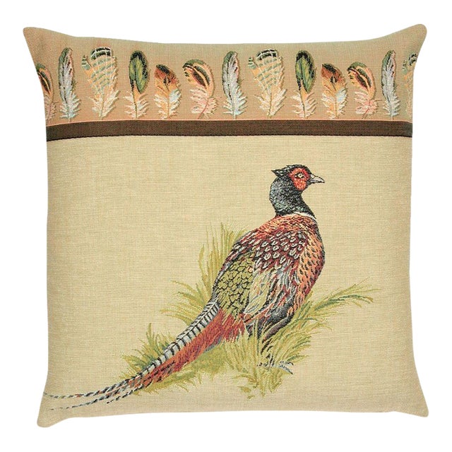 Pheasant & Feathers Tapestry Cushion With Feather Filler - 46x46cm (18"x18") For Sale