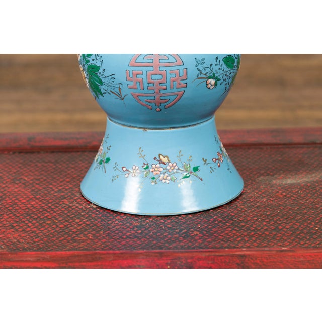 Vintage Chinese Hand Painted Blue Metal Vase with Calligraphy and Floral Décor For Sale In New York - Image 6 of 12