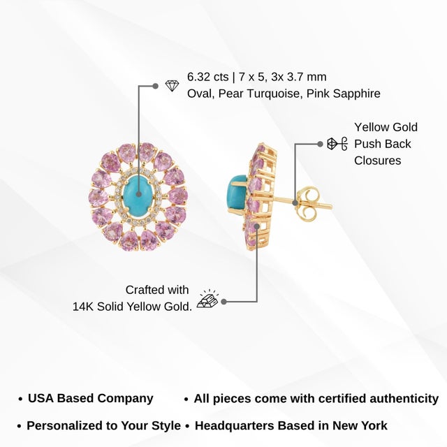 6.32ct Cabochon Turquoise Pink Sapphire & Diamond Floral Stud Earrings 14k Gold- A Pair For Sale - Image 12 of 14