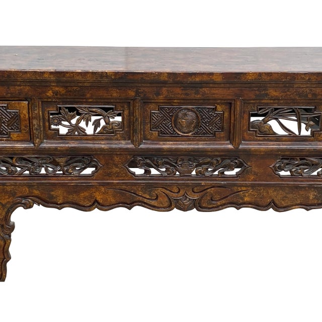 Wood Vintage Chinese Brown Wood Open Flower RuYi Carving Apron Altar Console Table For Sale - Image 7 of 10