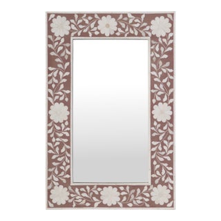 Vivienne 16 in. W x 24 in. H Rectangular Bone Inlay Horizontal or Vertical Hanging Accent Wall Mirror, Rose Bone For Sale