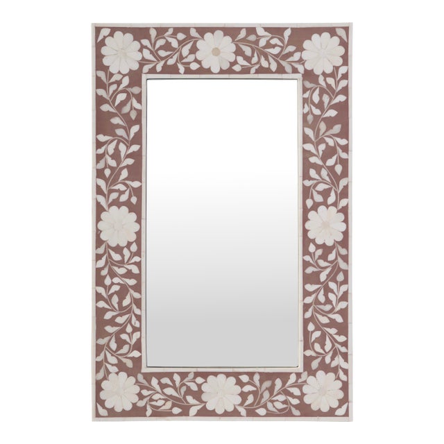 Vivienne 16 in. W x 24 in. H Rectangular Bone Inlay Horizontal or Vertical Hanging Accent Wall Mirror, Rose Bone For Sale