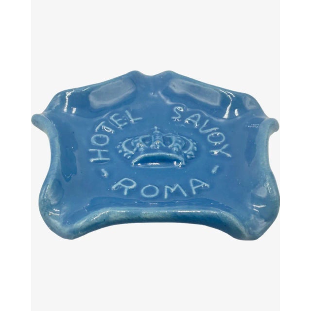 Mid 20th Century Vintage Hotel Savoy Roma Ashtray Rome, Italy Blue Ceramic Dish Trinket Catchall For Sale - Image 5 of 12