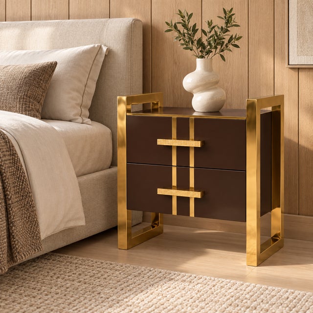 Chocolate Brown Glass Bedside Cabinets with Brass Frames from Justfurnituress SRL, Set of 2 For Sale - Image 9 of 10