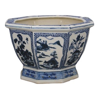 Late 20th Century Blue & White Porcelain Planter – 9.6" Octagonal Jardiniere With Landscape Motif For Sale