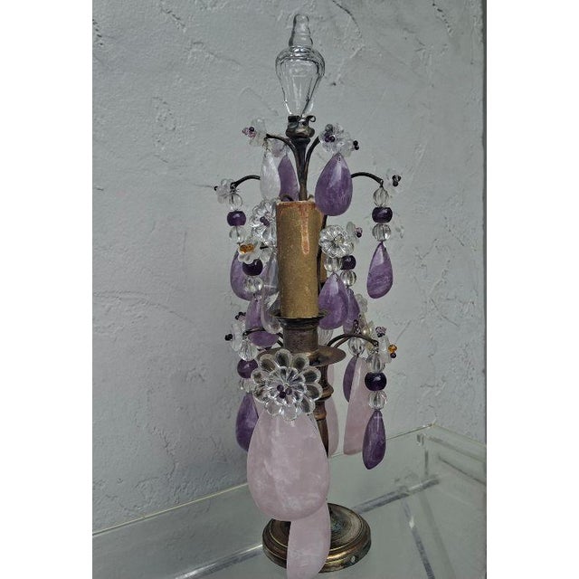19th Century Opulent French Louis XV Huge Natural Rose Quartz, Amethyst and Clear Quartz Rock Crystal Girandole, Table Lamp For Sale - Image 15 of 18
