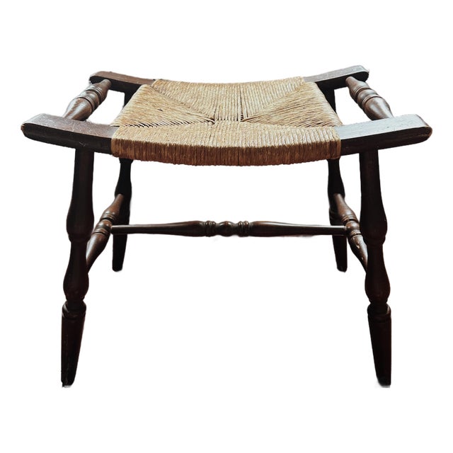 Early 20th Century Curved Woven Rush Seat Primitive Wood Bench For Sale