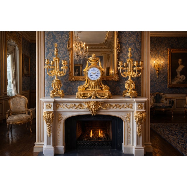 c.1860 Ad Mougin Louis XVI Gilt Bronze Clock Set, 3 PCS For Sale - Image 6 of 18