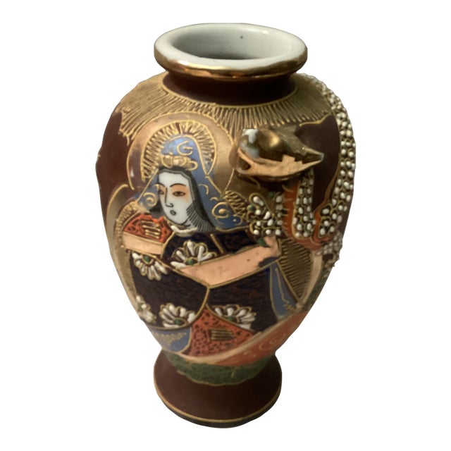 Vintage Japanese Vase With Hand, Painted Figures and a Dragon For Sale