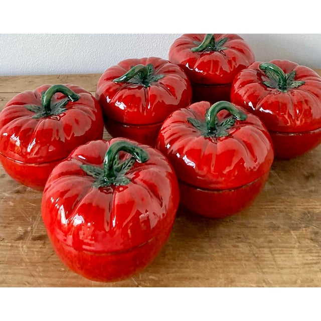 Mid-Century Modern Vintage 1960s Italian Glazed Ceramic Tomato Lidded Bowls - Set of 6 For Sale - Image 3 of 11