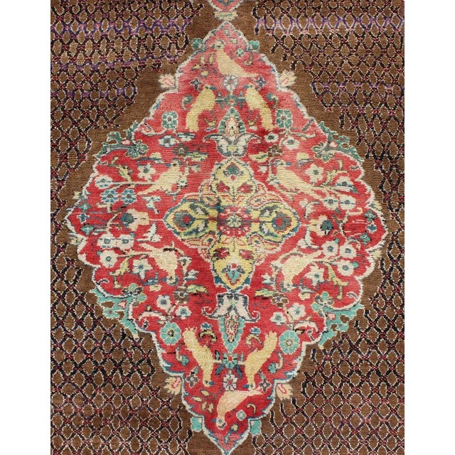 Mid 20th Century Camel Hair Vintage Persian Serab Rug in Brown, Red, Turquoise and Dark Blue For Sale - Image 5 of 13
