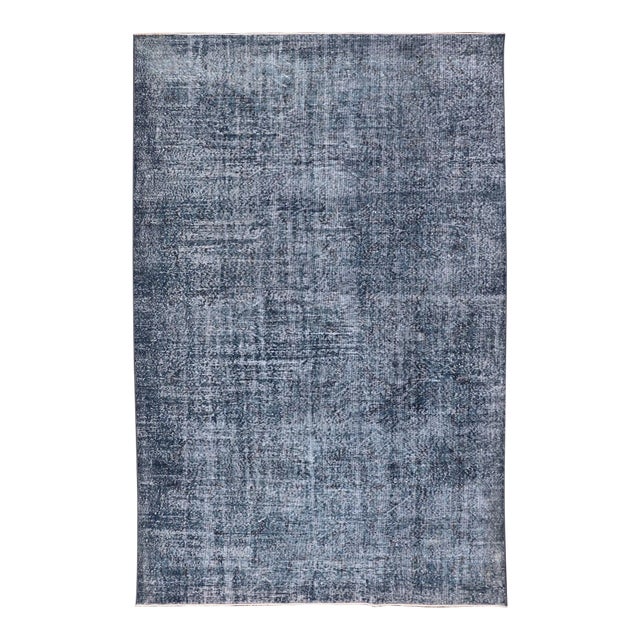 Mid 20th Century Vintage Overdyed Turkish Oushak Rug With Floral Design in Charcoal and Blues For Sale