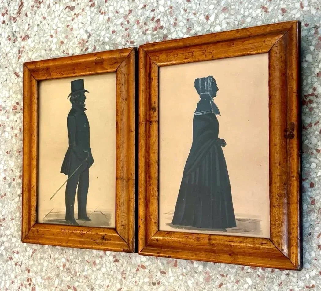Vintage Boho Silloutte Drawing in Burled Wood Frame - Top view