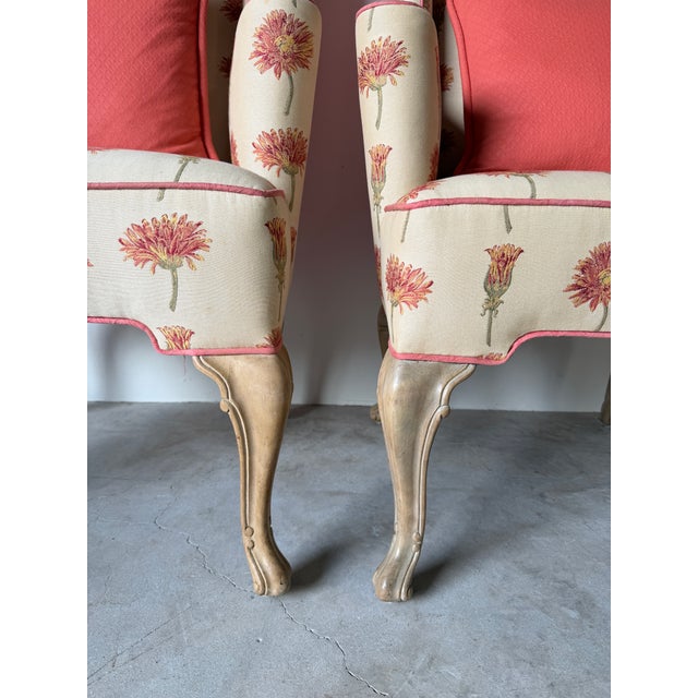 Wood Vintage Hollywood Regency Style Floral Upholstered Wingback Lounge Chairs – A Pair For Sale - Image 7 of 15