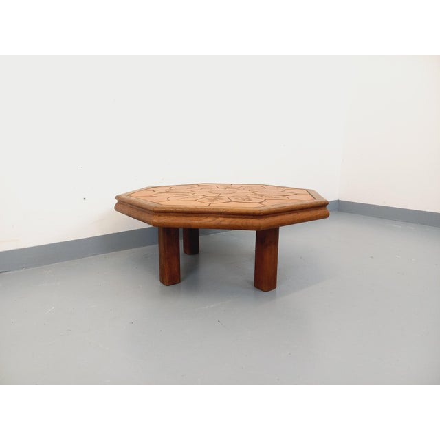 Mid-Century Modern Octagonal Oak Coffee Table from Barrois with Vallauris Ceramic Herbarium Top, 1960s For Sale - Image 3 of 17