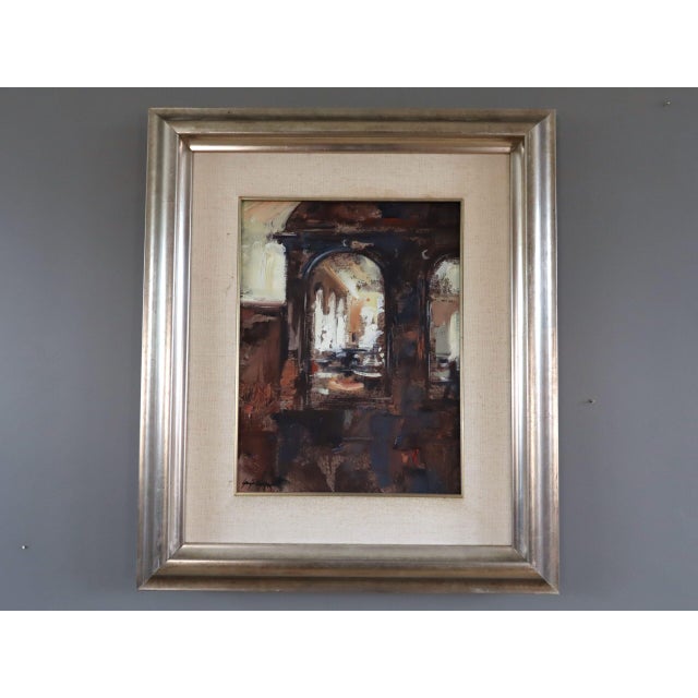 LIGHT THROUGH THE ARCHES Size: 21.7 x 18.5 inches (including frame) Oil on canvas An atmospheric interior scene that...
