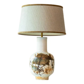 Ceramic Floor Lamp with Fish Motif and Silk Lampshade attributed to R. Houben, 1970s For Sale