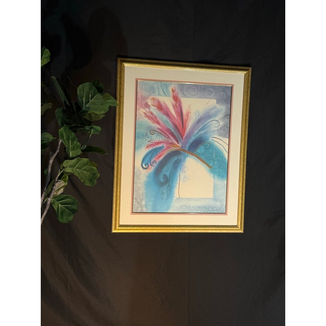 Vintage Framed Abstract Floral Artwork in Blue, Teal and Pink With Gold Frame - Signed For Sale In Miami - Image 6 of 10