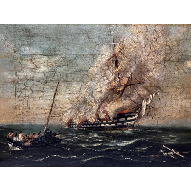 19th Century Victorian British Naval Marine Oil Painting HMS Bombay on Fire Off Montevideo 1864 After Beechey For Sale - Image 5 of 18