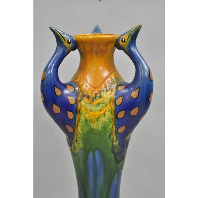 Art Nouveau Vintage Art Nouveau Majolica Style Glazed Ceramic Pottery Peacock Bird Vase For Sale - Image 3 of 10