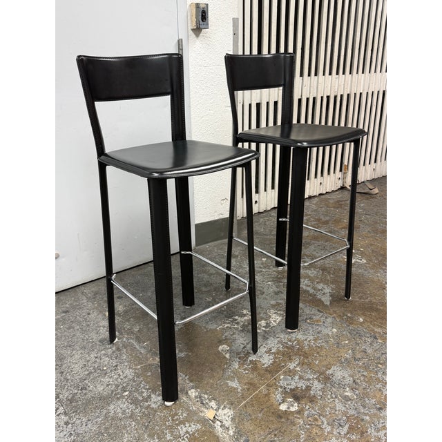Italian Frag for Design Within Reach Vintage Italian Leather Barstools, Pair For Sale - Image 3 of 12