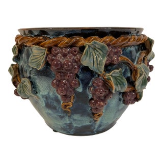 Mid 20th Century Majolica Style Ceramic Jardiniere With Grapevine and Grape Cluster Motif in Relief For Sale