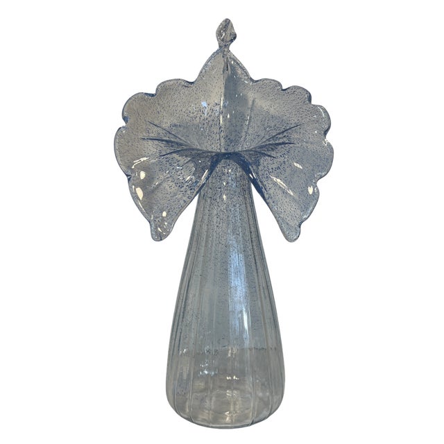 Glass 21 In. Tall Art Glass Clear Fluted Confetti Blue Speckled Flower Shaped Vase For Sale - Image 7 of 17