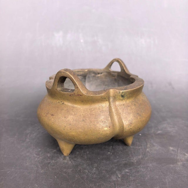 1960s Vintage Solid Brass Incense Burner, Yuanbao Ears & Tripod Feet, Melon Shaped Chinoiserie Censer for Altar and Table Decor For Sale - Image 5 of 9