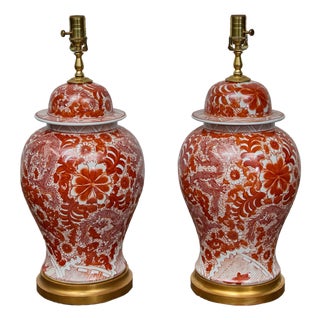 Pair of Red and White Porcelain Dragon Temple Jar Table Lamps For Sale