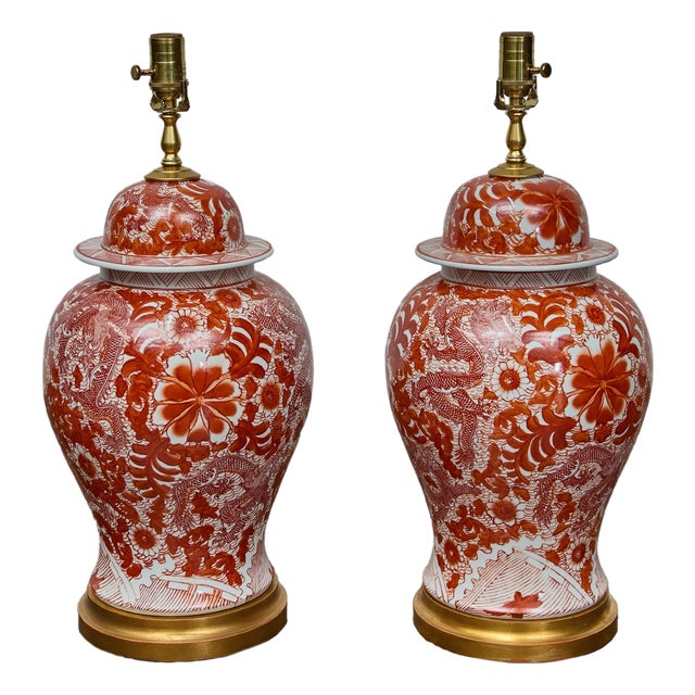 Pair of Red and White Porcelain Dragon Temple Jar Table Lamps For Sale