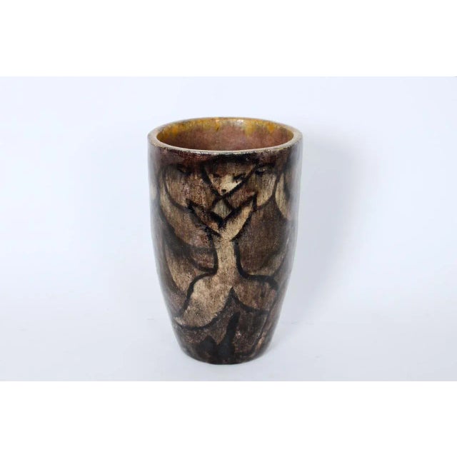 1950s Cereste Figurative Glazed Earthen Tone Oblong Art Pottery Vase For Sale - Image 4 of 12