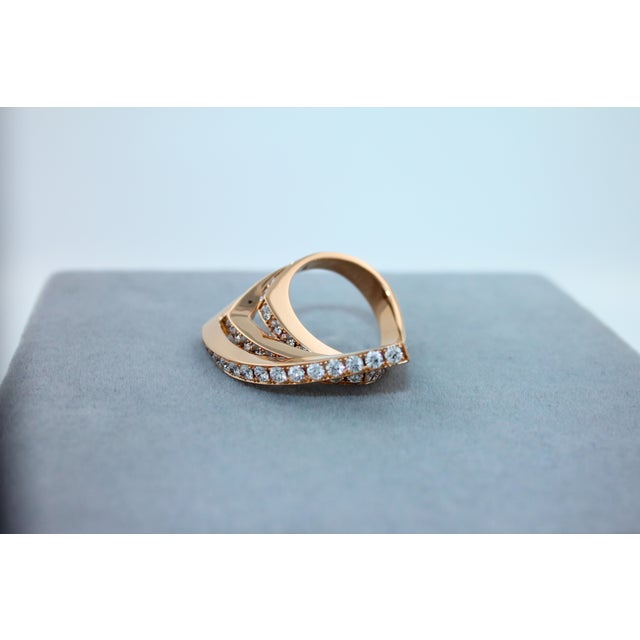 Diamond Channel Set Line Geometric Wave Unique Statement 18 Karat Rose Gold Ring, Size 7 For Sale - Image 17 of 18