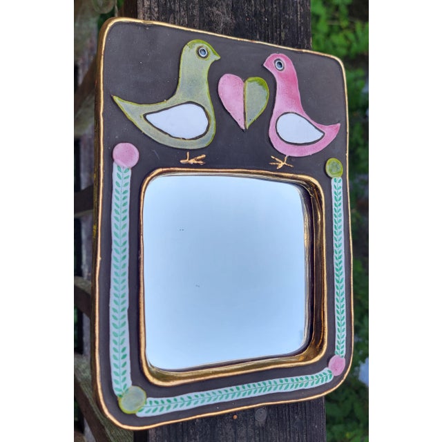 Mid 20th Century Mithe Espelt Ceramic Wall Mirror Pink & Green Birds For Sale - Image 5 of 10