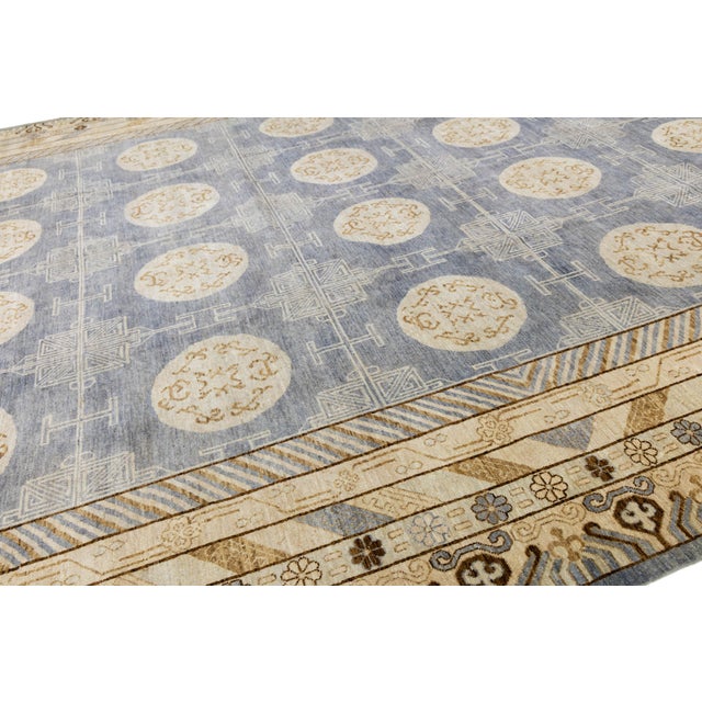 Hand-Knotted Modern Khotan Wool Rug Muted Blue and Sand Medallion Pattern For Sale - Image 4 of 11