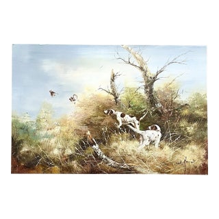 1970s W. Hansen Original Oil on Canvas Pointer Hunting Dogs & Quails For Sale
