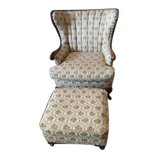 Vintage Mid-Century Upholstered Wingback Lounge Chairs With Matching Ottoman, Carved Wood Frame, Custom Upholstery. For Sale
