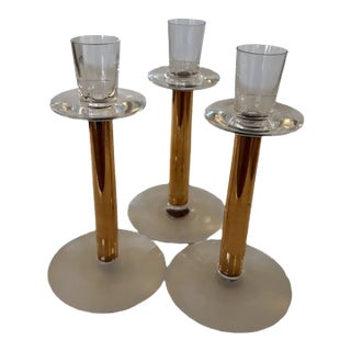 1990s Orrefors Nobel Crystal Candlesticks Set of 3 Gunnar Cyrén Sweden For Sale