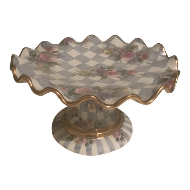 Vintage Collectible Mackenzie Childs Cake Stand in Blue & White Check