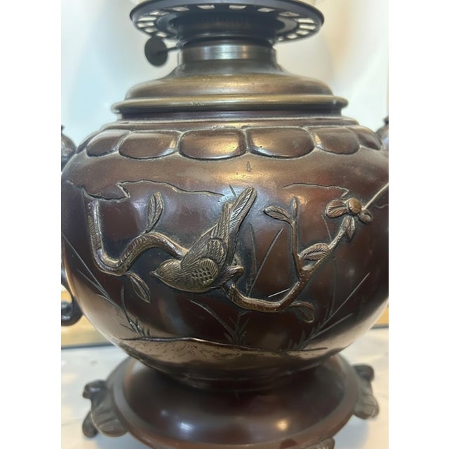 Antique Patinated Bronze Oil Lamp Kerosene Meiji Style Etched Glass Globe Eagle For Sale - Image 10 of 12