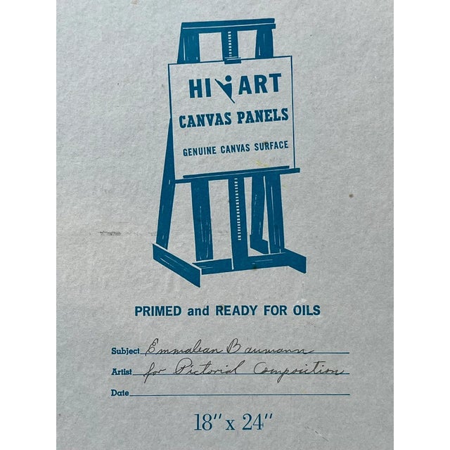 Blue Vintage American Modernist Pointillist Oil Painting of a Cat and Vase of Flowers by Emmalean Baumann For Sale - Image 8 of 9