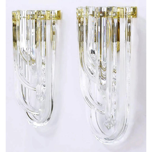 Mid-Century Modern Venini Bent Crystal and Brass Sconces - a Pair For Sale - Image 3 of 9